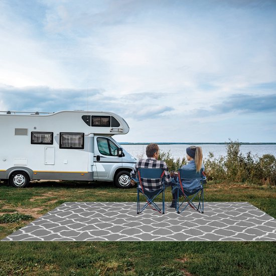 LifeGoods Buitenkleed - 183x290CM - Vloerkleed - Tuintapijt - Buitentapijt - Omkeerbaar - Incl. Draagtas - Met Patroon - Grijs/Wit