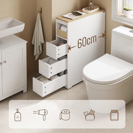 SoBuy Toiletkast 20 cm, badkamerkast met 3 laden, kleine toiletpapierkast, mobiele plank voor badkamer, toilet en keuken, wit, 60 x 20 x 82,3 cm