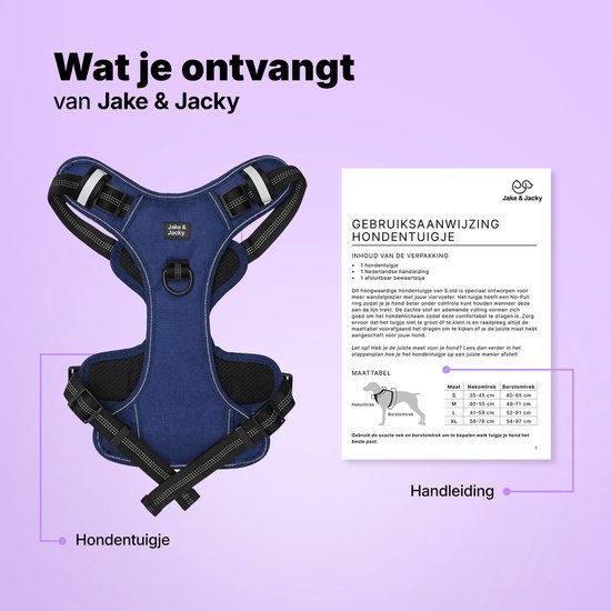 Jake and Jacky Hondentuigje - Anti-Trek Tuig - Hondenharnas - Y Tuig Hond - Reflecterend - Blauw - Maat S