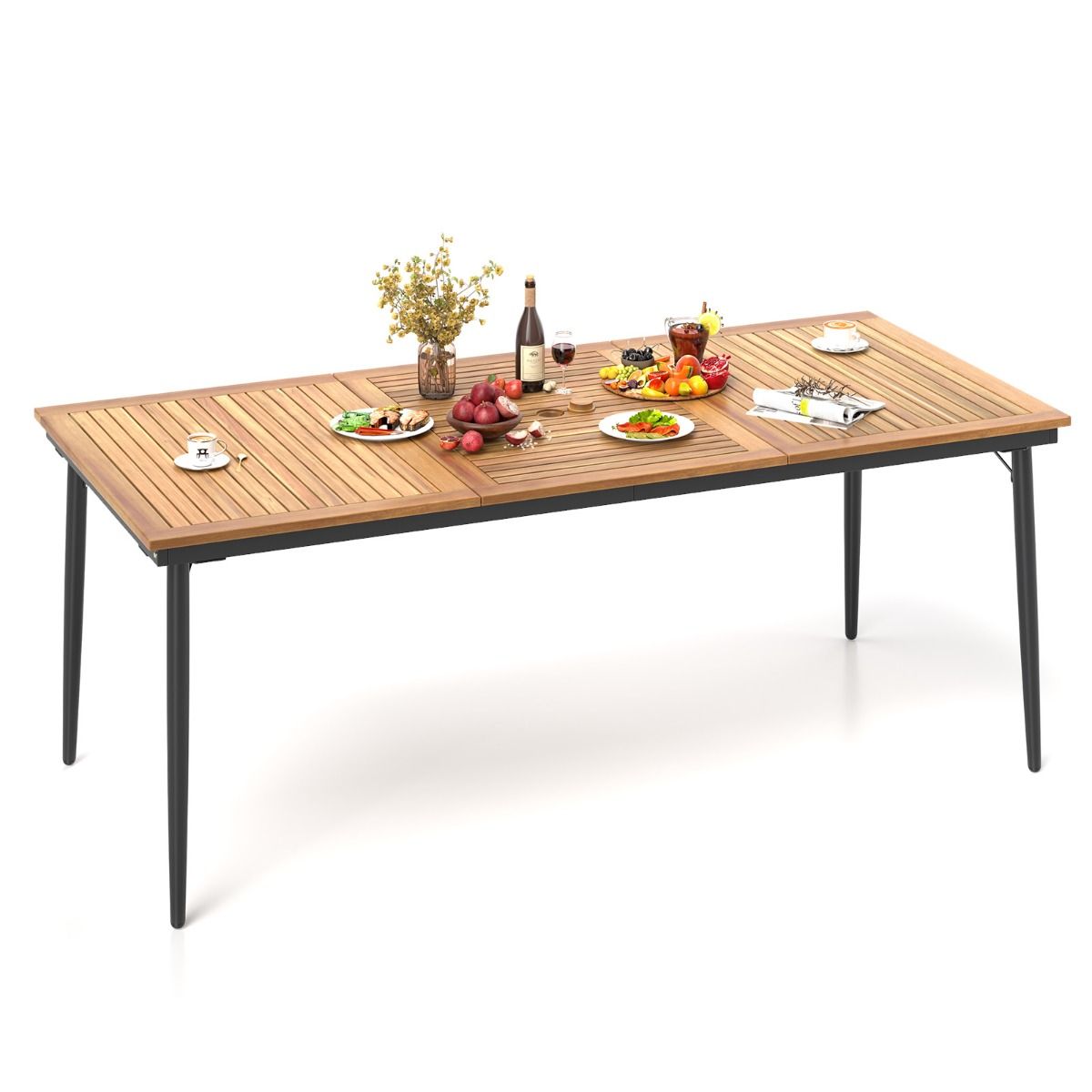 Coast tuintafel voor 8 personen - acaciahout met metalen poten - parasolgat 5 cm - naturel en zwart - 200 x 90 cm