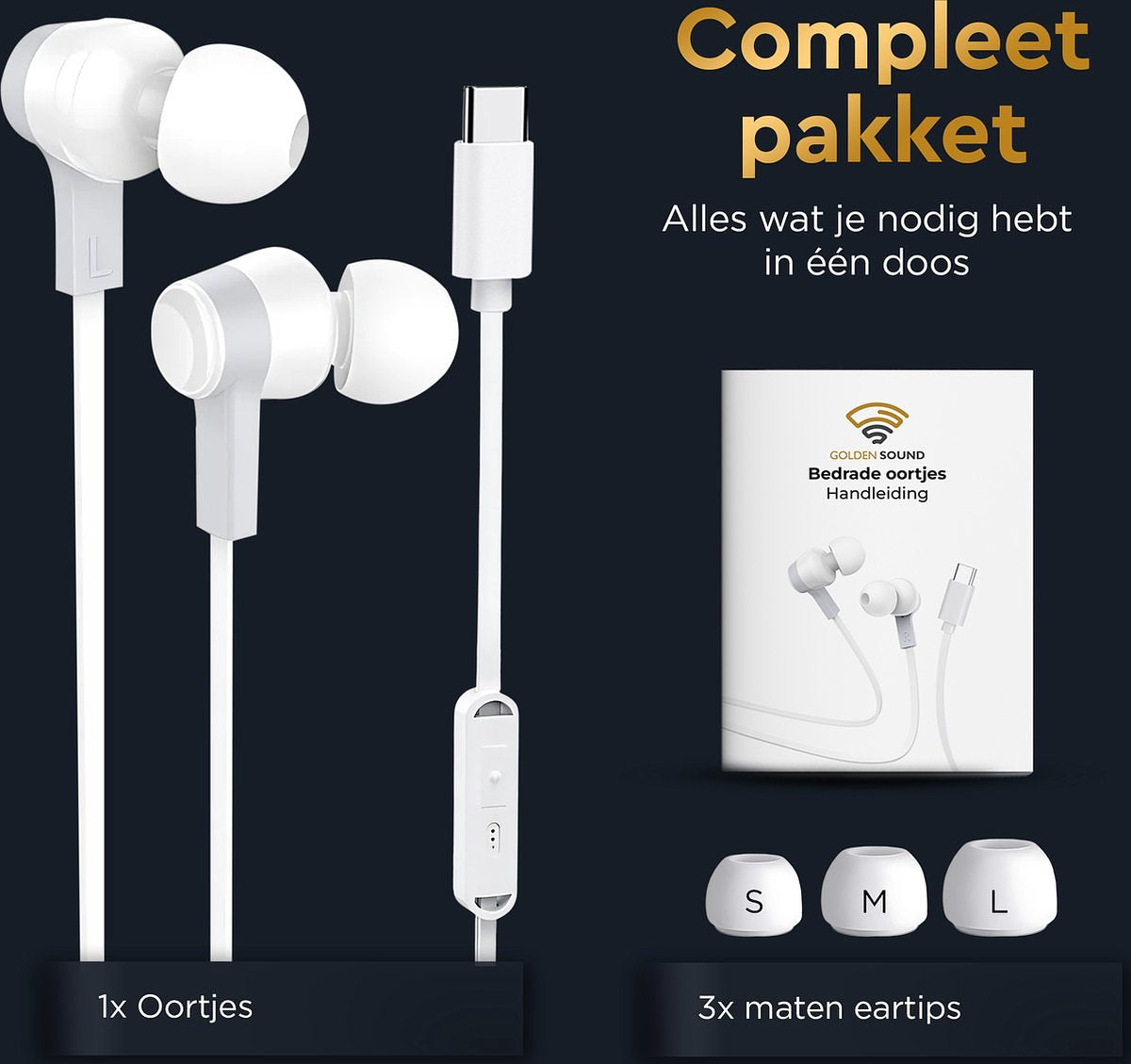 Golden Sound Bedrade oordopjes - Siliconen eartips - Oordopjes met draad en microfoon USB-C aansluiting - Wit