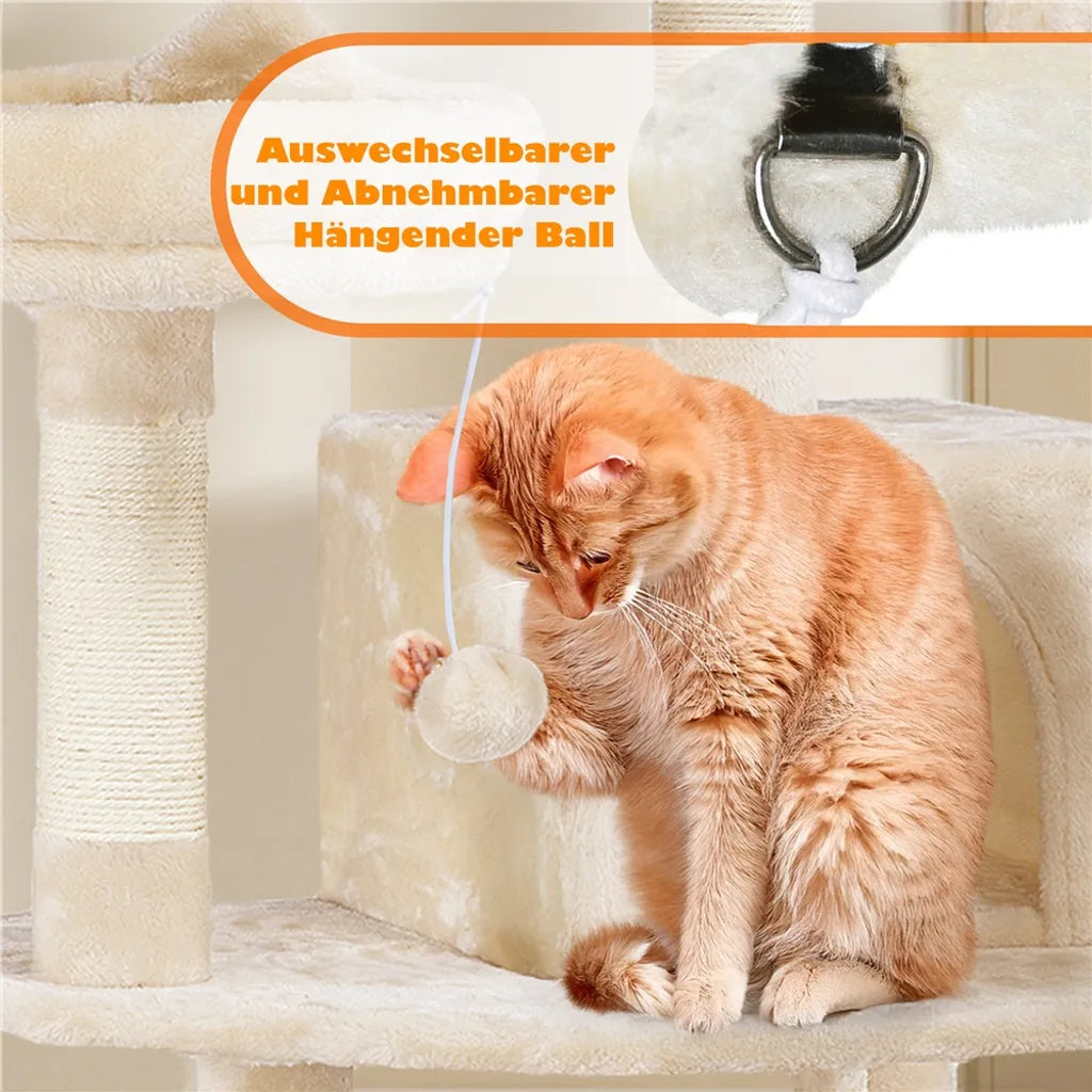 Yaheetech Krabpaal Beige – 158 cm Hoog – Met 2 Platforms, 2 Kattenhuisjes en 5 Sisal Krabpalen