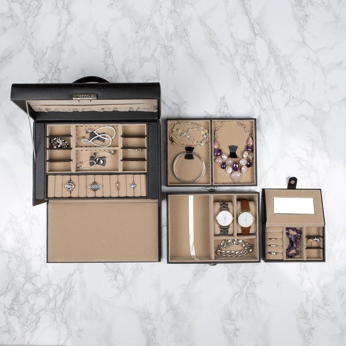 LifeGoods Sieradendoos XL - Juwelendoos - 20 Vakken - Zwart/Beige