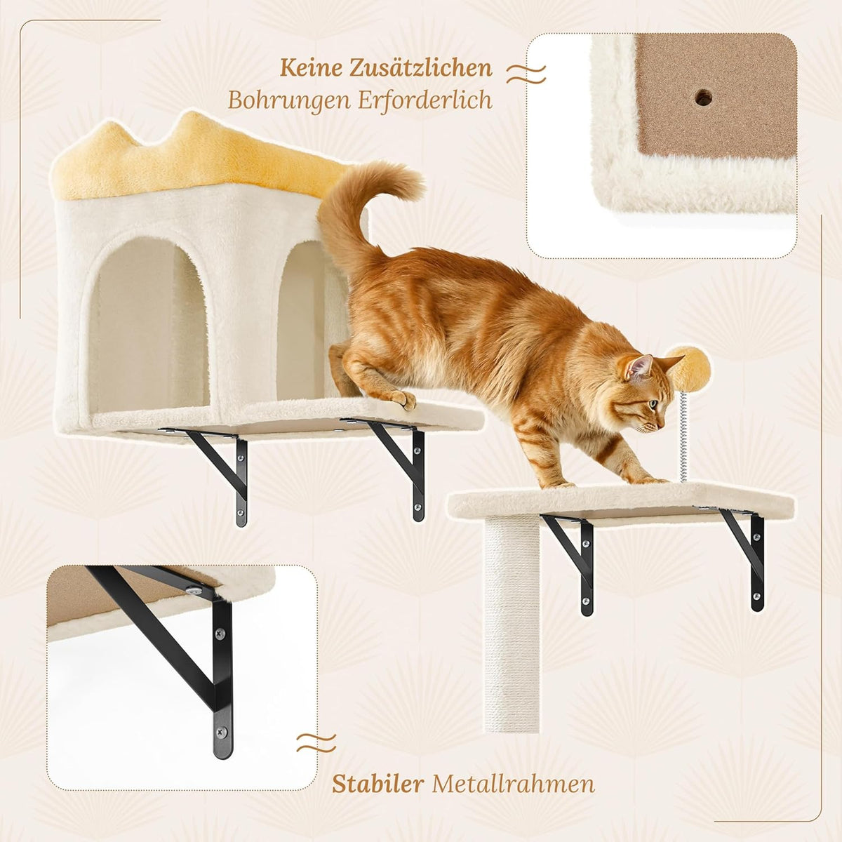 Yaheetech Klimwand Voor Katten - 4-Delig - Met Krabgedeelte En Mandje - Beige