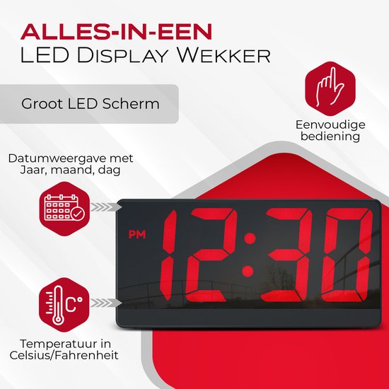 Caliber Digitale Wekker - Wekkers digitaal - Instelbare Snooze Tijd - Alarmklok - Dimbaar display - Digitale klok slaapkamer - USB Oplader