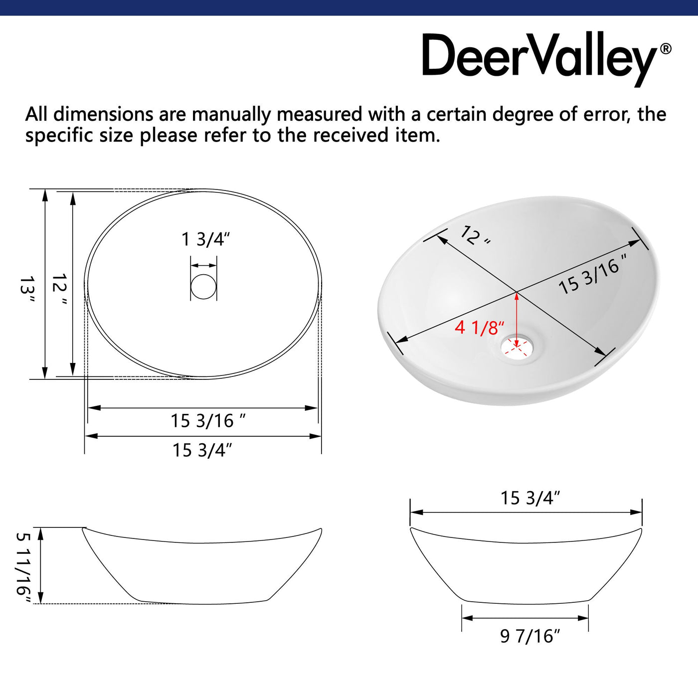 DeerValley Opzetwastafel DV-1V051 - Wit - Keramiek - Hoogglans - Naadloos Ontwerp - 40 x 33 x 14,5 cm