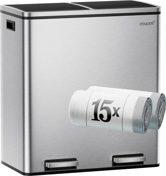 O'DADDY® Prullenbak - Afvalemmer – Duo Bin – 60 Liter – Soft-close – 58,6 x 32 x 65 cm – 2 Binnenemmers / Vakken - Afvalbak - Pedaalemmer 60L - Prullenmand - Vuilnisbak - Afvalscheiding Vuilbak – Inclusief 15 Afvalzakken – Elegant Zilver
