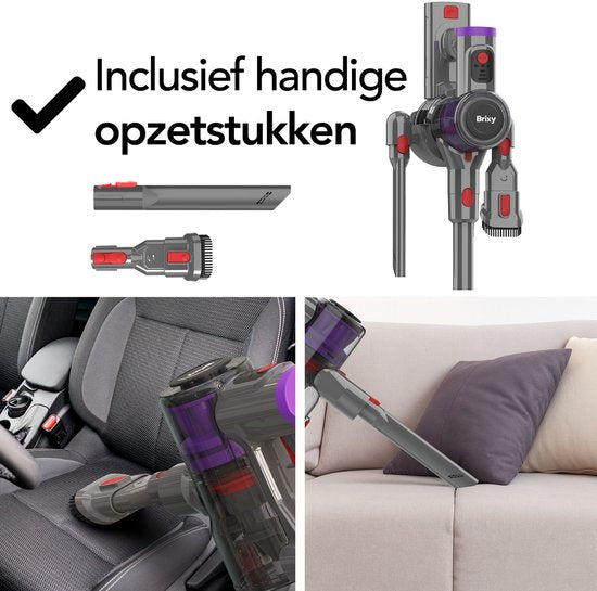 Brixy Steelstofzuiger Draadloos - 30 kPa Zuigkracht - 50 Min Gebruiktijd - Meerdere Filters - Kruimeldief - Draadloze Stofzuiger - Vacuum Cleaner - Grijs/Paars