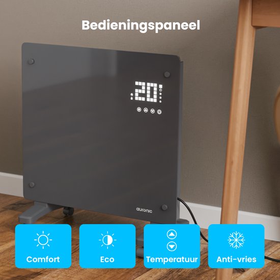 Auronic Elektrische Kachel – Convectorkachel met Thermostaat en Afstandsbediening - Glazen Paneelverwarming - 1000W Heater - Grijs