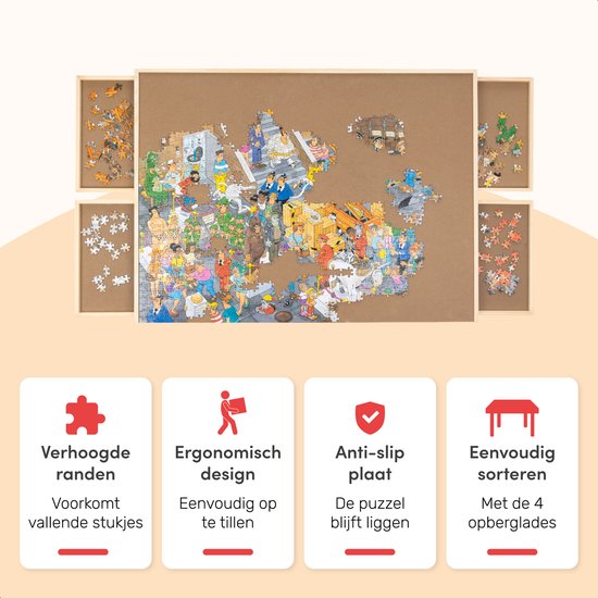 Diydash - Puzzelbord & Puzzeltafel - 1000 Stukjes - 83 x 64 cm - Met 4 Sorteerlades & Opbergsysteem - Puzzelplank - Hout - Bruin