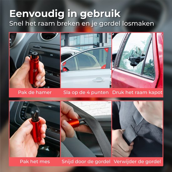Nuvance - Veiligheidshamer - Noodhamer - Incl. Zelfklevende Houder en Testglas - Lifehammer - Gordelsnijder - Auto Hamer - Veilig Onderweg - Rood