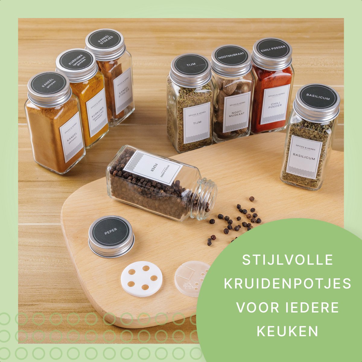 S.old - 36 Vierkante Glazen Kruidenpotjes met Metalen Deksel - Kruidenstrooier - Complete Set met Strooideksels - Voorbedrukte Stickers en Trechter - Inhoud 120 ml - 10,5 x 4,3 cm - Glas