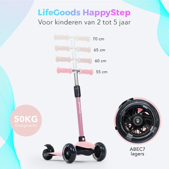 LifeGoods – Kinderstep Met 3 LED-Wielen – Geschikt Voor 2-5 Jaar & Hoogte Verstelbaar – Voorzien Van Lichtgevende Led Wielen En Voetrem – Voor Jongens En Meisjes – Pastel Roze Aluminium