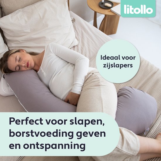 Litollo® Zwangerschapskussen (J-vorm) - Zijslaapkussen - Voedingskussen - Lichaamskussen - Body pillow - 145cm - Afneembare hoes - Grijs