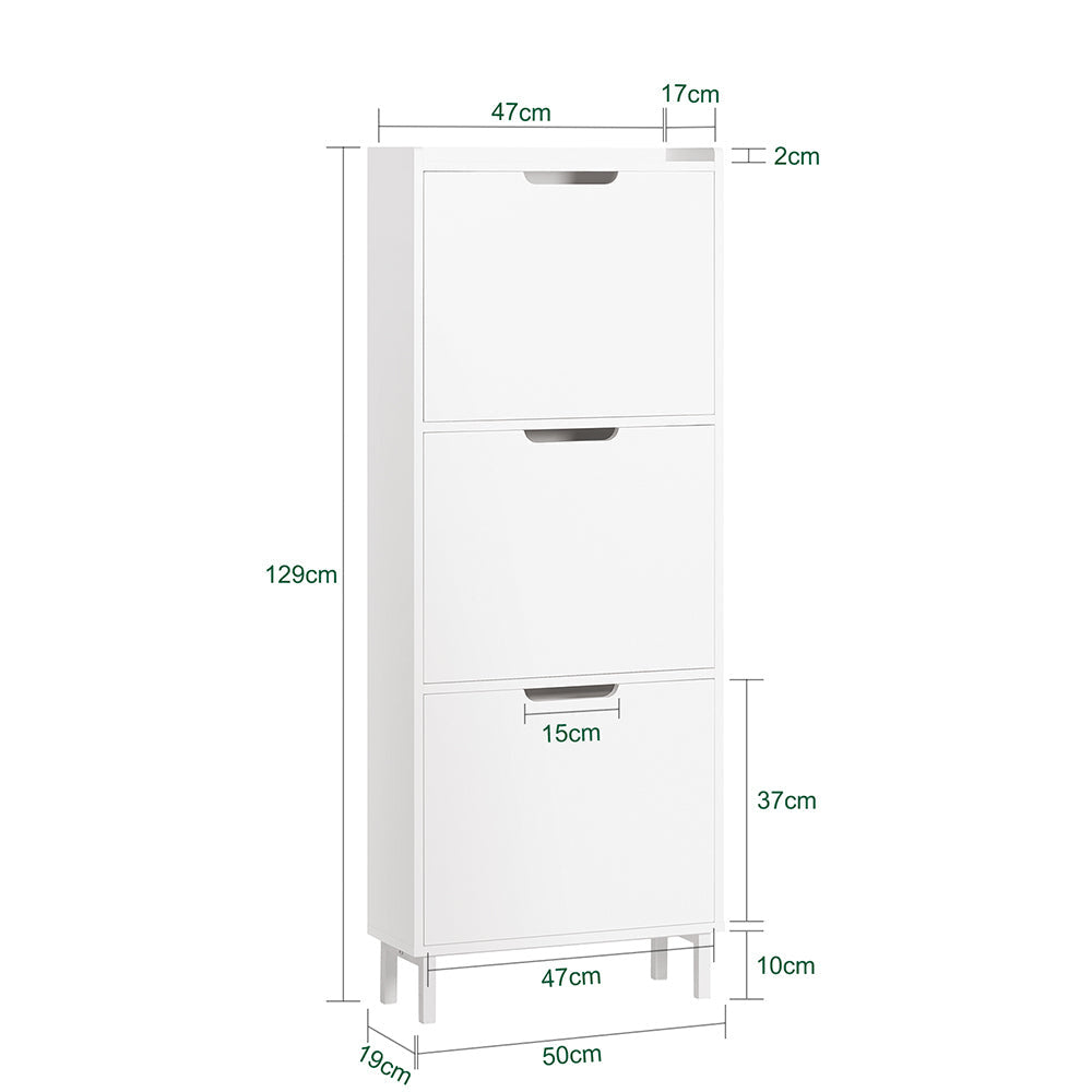 SoBuy Schoenenkast met 3 Kleppen – Wit – Smalle Opbergkast 50×19×129 cm – Hal, Slaapkamer of Woonkamer