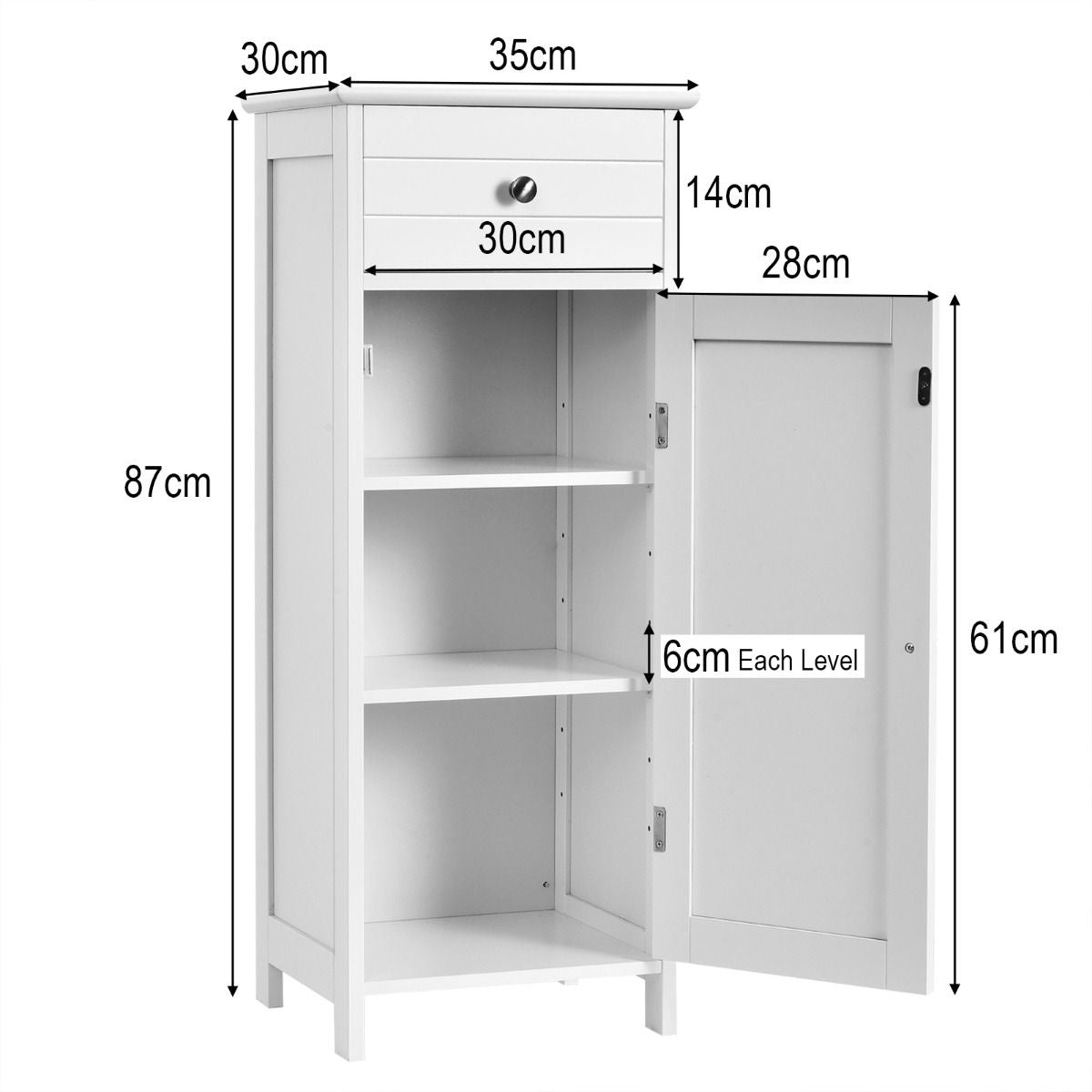 Coast Badkamerkast - 3 Planken en 1 Lade - MDF - 35 x 30 x 87 cm - Wit