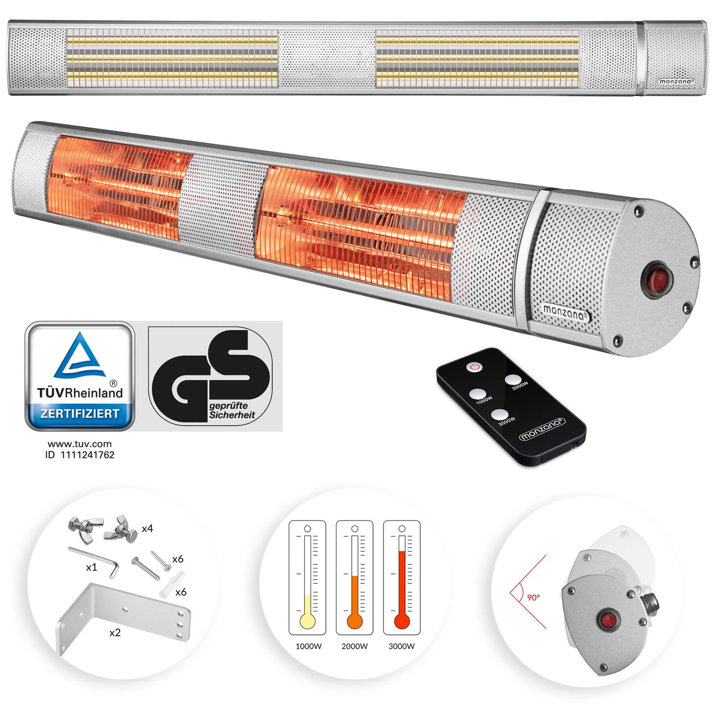 Monzana Infraroodstraler 3000W - Incl. Afstandsbediening - Zilver
