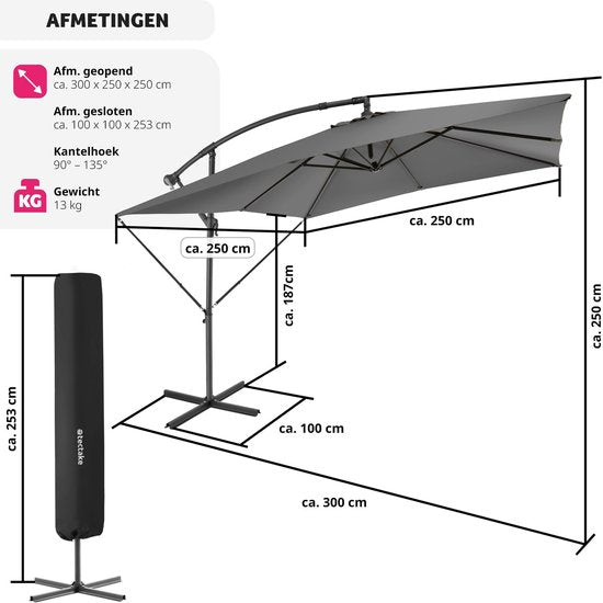 tectake® - Parasol Apollon vierkant 250 x 250 cm - Incl. windbeveiliging en beschermhoes - grijs