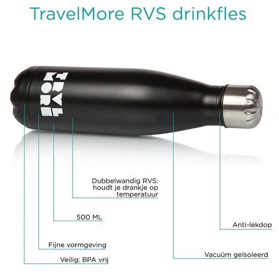 TravelMore Thermosfles - 500ml - RVS - Dubbelwandig - BPA-vrij - Zwart