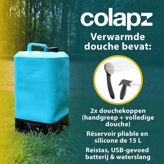 Colapz Draagbare Campingdouche Warm Water tot 42°C – 15L – Buitendouche met Pomp – Compact & BPA-vrij - Inclusief Reistas
