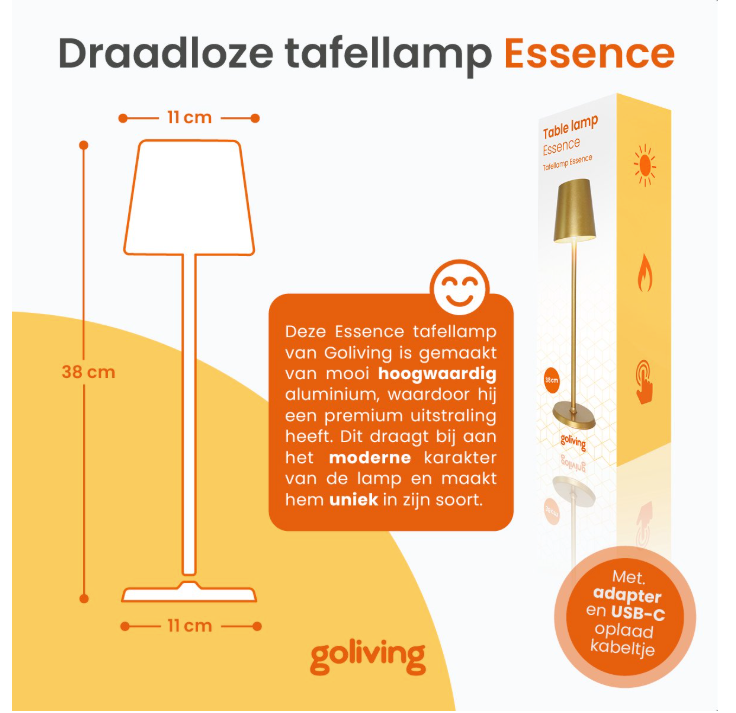 Goliving Tafellamp Oplaadbaar – Draadloos en dimbaar – Moderne touch lamp – Nachtlamp Slaapkamer – 38 cm – Goud