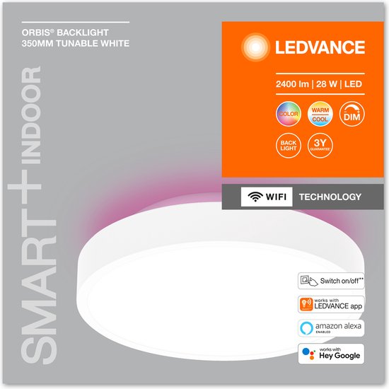 LEDVANCE Armatuur: voor plafond, DECORATIEVE PLAFOND BACKLIGHT MET WIFI TECHNOLOGIE / 28 W, 22-…24- V, stralingshoek: 11-, RGBTW, 3-65- K, behuizingsmateriaal: staal, IP2-
