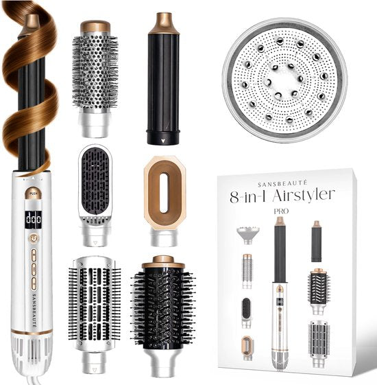 Sansbeauté® 8-in-1 Airstyler met Diffuser - Multistyler - Fohnborstel Kort Haar - Föhnborstel - Haarstyler - Haardroger - Warmteborstel - Krulborstel - Krultang - Stijlborstel - Roterende Kabel