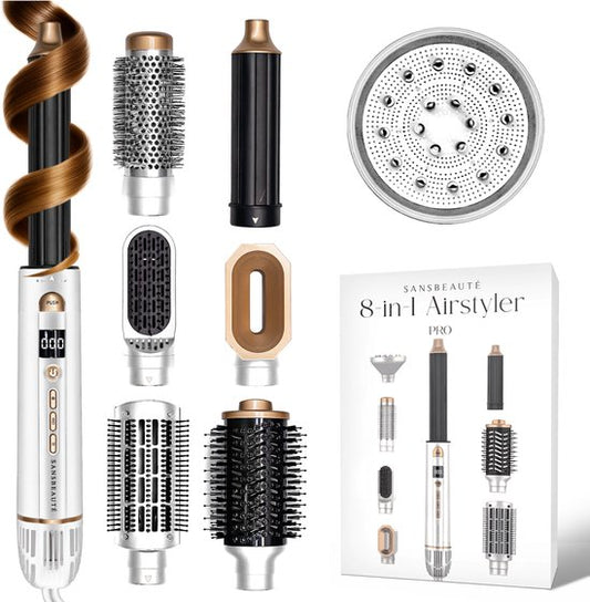 Sansbeauté® 8-in-1 Airstyler met Diffuser - Multistyler - Fohnborstel Kort Haar - Föhnborstel - Haarstyler - Haardroger - Warmteborstel - Krulborstel - Krultang - Stijlborstel - Roterende Kabel