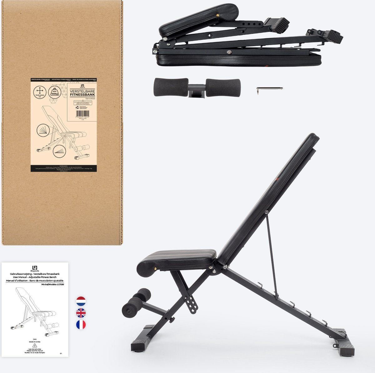 LifeGoods Fitness Halterbank - Fitnessbank - Bench Press - Trainingsbank - Verstelbaar - Inklapbaar - Zwart/Rood
