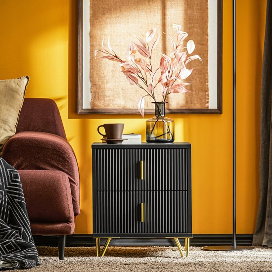 SoBuy Bijzetkastje - Nachtkastje met 2 uitschuifbare lades - Max. 25KG - 30 x 40 x 47 cm - Zwart/Goud