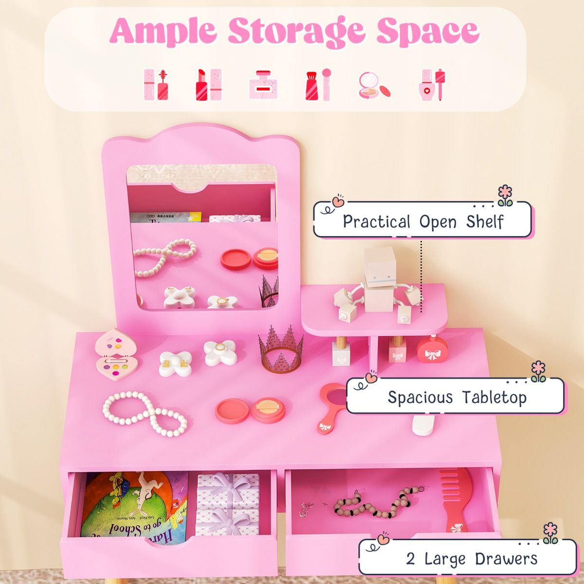 Coast Kaptafel voor kinderen - 2-in-1 met afneembare spiegel - twee lades en houten krukje - roze