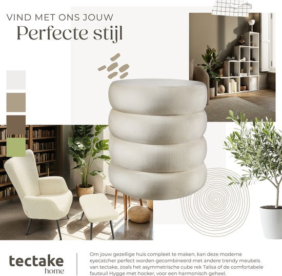 tectake® Kruk met opbergruimte - Scandi kruk fluweelstof - Ronde gestoffeerde poef voor kaptafel, slaapkamer, woonkamer of als halmeubel - Opbergkruk - creme