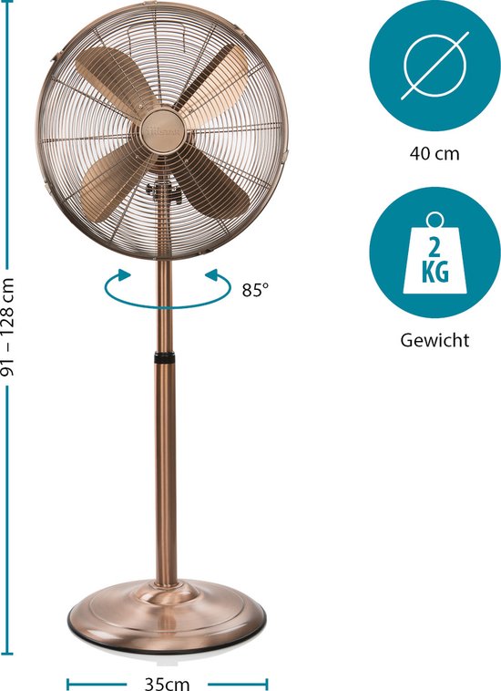 Tristar Retro Statiefventilator 40 cm – 50W – 3 Snelheden – 85° Oscillatie – Met Hoogteverstelling – Koperkleur – VE-5971