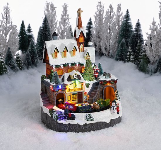 LuVille Kerstdorp Miniatuur Treinstation - L24 x B24 x H33 cm - Meerkleurig