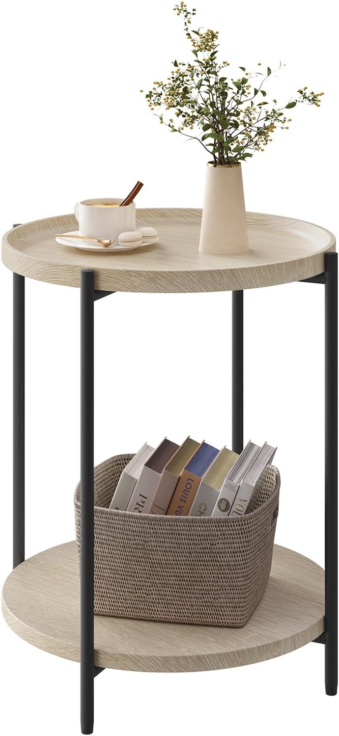 WOLTU Bijzettafel Rond - Licht Eiken - 2 Planken