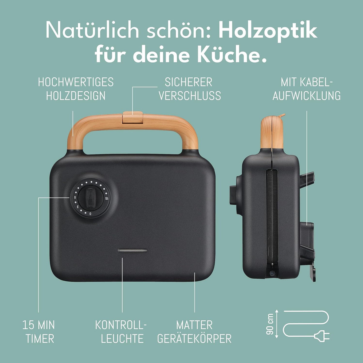 Lebenlang Sandwich maker 3-in-1 - 23.9 × 23 × 12.2 cm - 750 W - Zwart - Sandwich • Wafel • Grill