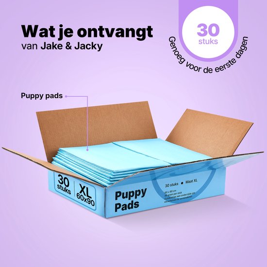 Jake and Jacky Puppy Training Pads 60 x 90 cm - 30 Stuks - met Plakstrip - Zindelijkheidstraining Hond - Hondentoilet - Plasmatjes Hond - Plasdoeken - Puppydoeken - Puppy Matjes Extra Groot