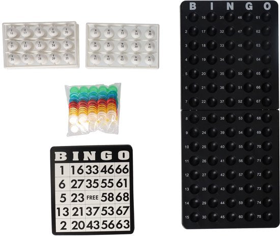 Zwarte Bingomolen met Speelbord Bingokaarten en Fiches