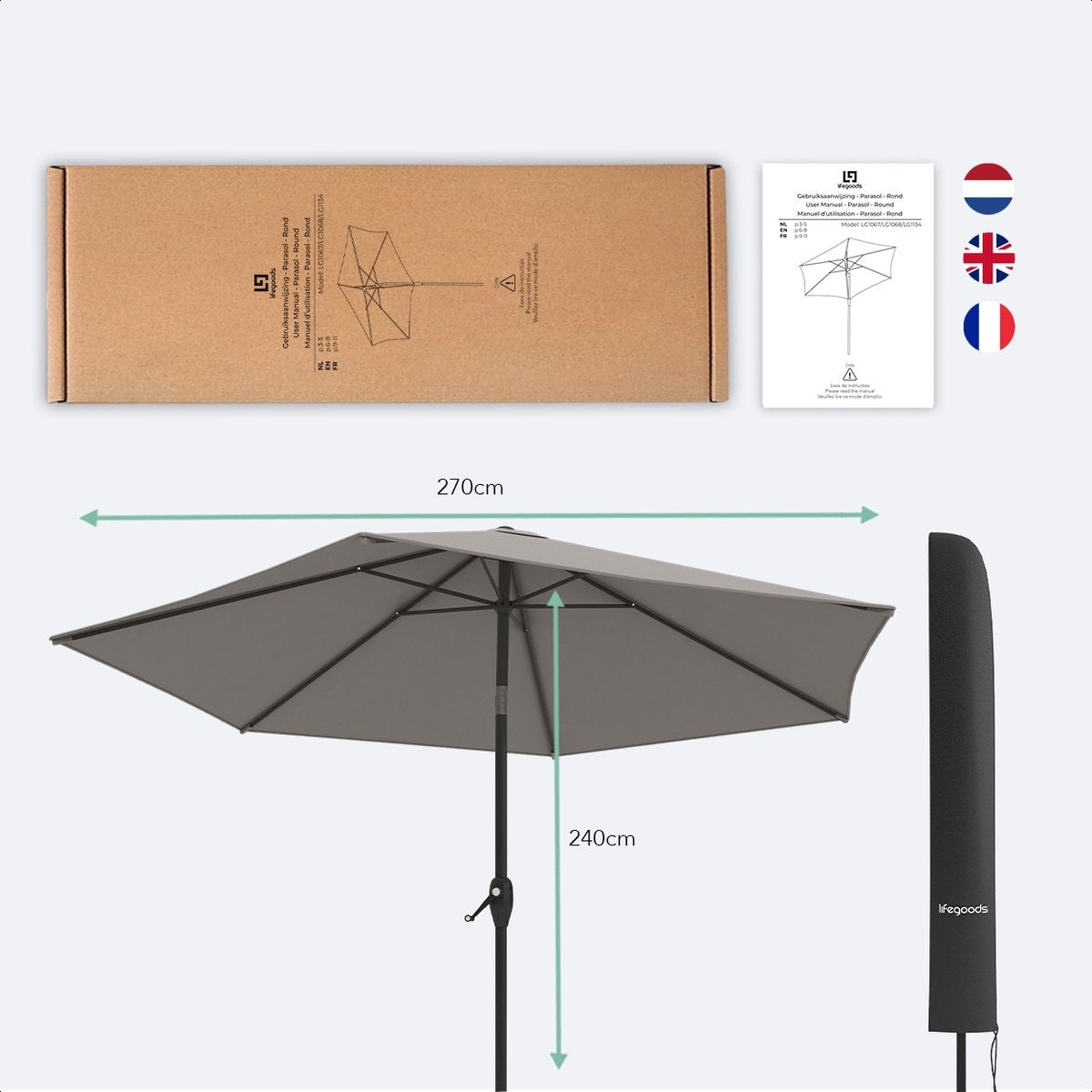 LifeGoods Parasol - Ø270 cm - 30° Kantelbaar - Waterdicht - met Hoes - Taupe
