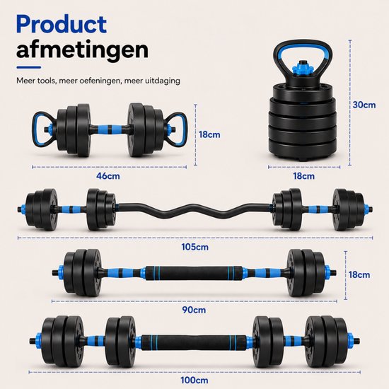 Sportfloww Dumbbells 28.5 KG – Halterset - Gewichten Set met Kettlebell, Barbell, EZ curl bar & AB roller – Verstelbare dumbells