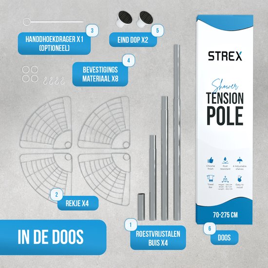 Strex Telescopisch Doucherek RVS - Verstelbaar 70-275 cm - 4 Mandjes - Robuuste Kwaliteit - Bevestigen zonder Boren of Schroeven - Telescopisch Douche Rek Hoek