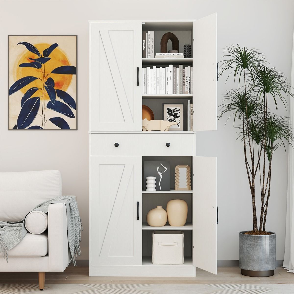 Coast Keukenkast 77x39x183 cm Wit – Moderne Boerderijstijl Kast met 4 Schuurdeuren, 3 Verstelbare Planken, Lade en Anti-Kantelsets