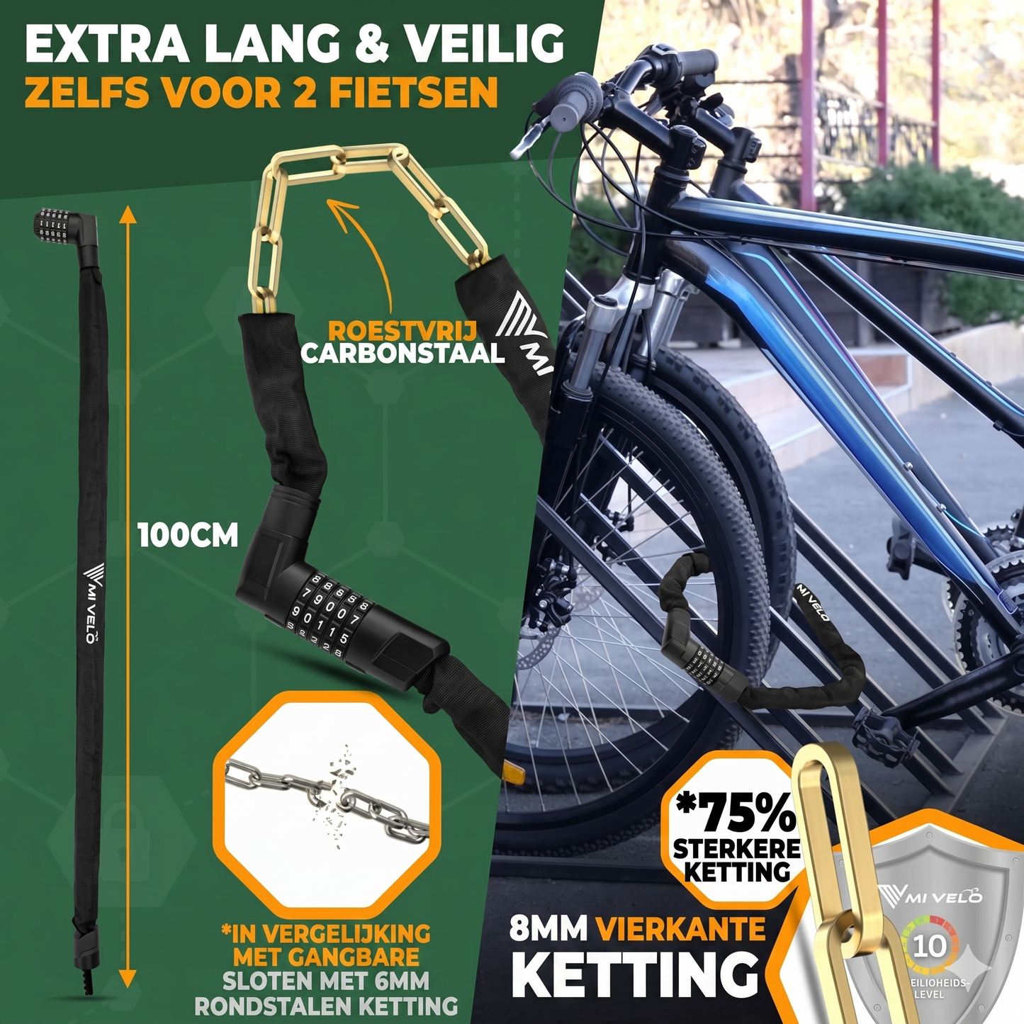 MIVELO Fietskettingslot met Cijfercode – 100 cm – Carbonstaal – Waterbestendig – Zwart
