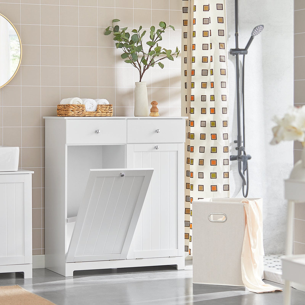 SoBuy BZR33-II-W Badkamerkast Met 2 Lades - 2 Verwijderbare Wasmanden – Modern Design – Wit – 78x38x90 cm