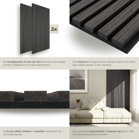 tectake® Akoestische Panelen - Set van 2 - Akoestisch Wandpaneel - 60 x 120 cm - 1,44 m² - Wandpanelen met Aanpasbare Grootte - Lattenwand van MDF en Houtfineer - Geluidsisolatie - Stijlvolle Wanddecoratie - Eenvoudige Montage - Zwart Eiken