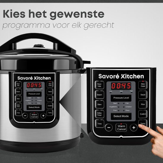 Savoré Kitchen Pressure Cooker 6L – Tot 6 Pers. – PFAS-vrij – 29 × 33,5 cm – Snelkookpan, Rijstkoker, Slowcooker, Stomer, Sous-vide & Multicooker
