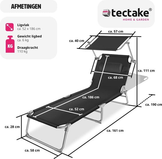 Tectake - Ligstoel - Stalen frame met schuifdak - robuuste, 4-voudig verstelbare rugleuning inclusief kussen - Ideaal voor tuin, zwembad, camping - Zwart