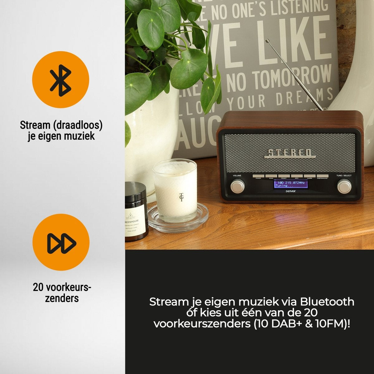 Denver DAB Radio - Retro Radio - Bluetooth - DAB+/ FM - Dimbaar - Batterijen & Netstroom - DAB18