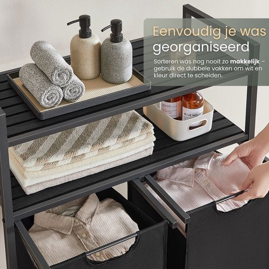O'DADDY® Wasmand met 2 Vakken & 2 Planken - 76 Liter - Wassorteerder Uitschuifbaar - Was Organizer - Laundry Basket - Wasbox - Wasmanden - Dubbele Wasmand - Zwart/Bruin