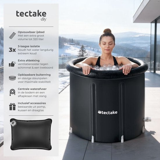 tectake® IJsbad Helsinki - Ice Bath - Zitbad - Ø75 x 75 cm - 320 Liter - Opvouwbare IJston met Aluminium Frame en Afdekking - 3-voudige Isolatie - Dompelbad inclusief Draagtas, Waterkussen en Pomp